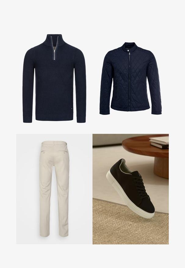Navy quilted jacket featuring a stand-up collar, full front zip, and two side pockets. Material has a smooth texture with diamond patterns.; Navy knitted sweater with a high collar and quarter zipper. Features ribbed texture and fitted sleeves. Subtle branding on side.; Beige trousers with a smooth texture, straight cut, two back pockets with buttons, and a standard waistband.; Black sneaker with white sole floating above beige textured rug near round wooden table with stacked books.