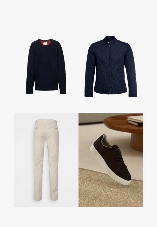 Merihenkinen tikattu takki, jossa on noususauma, täysin edessä vetoketju ja kaksi sivutaskua. Materiaali on sileäpintainen ja siinä on timanttikuvioita.; Tummansininen ribbipaita pitkillä hihoilla ja pyöreällä kaula-aukolla. Sisäkauluksessa on erottuva punainen trimmi. Tagi näkyvissä.; Beige housut, joissa on sileä pinta, suora leikkaus, kaksi nappikiinnitteistä takataskua ja normaali vyötärö.; Musta lenkkari, jossa on valkoinen pohja, kelluu vaaleanbeige texturoituneen maton yllä pyöreän puupöydän vieressä, jonka päällä on pinottu kirjoja.