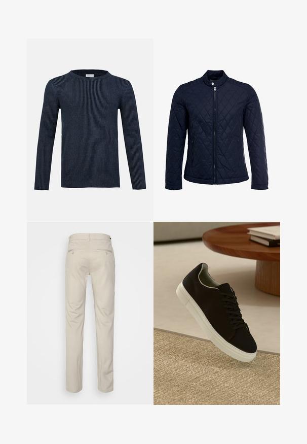 Jūras spēku krāsas nokrāsots džemperis ar izšūtu apkakli, pilnu priekšējo rāvējslēdzēju un divām sānu kabatām. Materiāls ir ar gludu faktūru, ar dimanta rakstiem.; Jūras spēku zila ribota adīta džemperis ar garām piedurknēm, apaļu kakla izgriezumu un rakstu. Izgatavots no mīksta auduma, ar slaidu siluetu.; Bežīgas bikses ar gludu tekstūru, taisnas kājas, divas aizmugurējās kabatas ar pogām un standarta jostas vietu.; Melni sporta apavi ar baltu zoli, kas peld virs bēša tekstūrēta paklāja netālu no apaļa koka galda ar sakrautiem grāmatām.