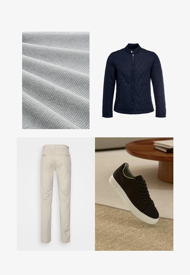 Marinefarbenes wattiertes Jackett mit Stehkragen, durchgehendem Reißverschluss und zwei seitlichen Taschen. Das Material hat eine glatte Textur mit Rautenmuster.; TOM TAILOR Strickpullover - grey heather melange; Beige Hosen mit glatter Textur, geradem Schnitt, zwei Gesäßtaschen mit Knöpfen und einem normalen Bund.; Schwarze Sneakers mit weißer Sohle, die über einem beige strukturierten Teppich schweben, in der Nähe eines runden Holztisches mit gestapelten Büchern.