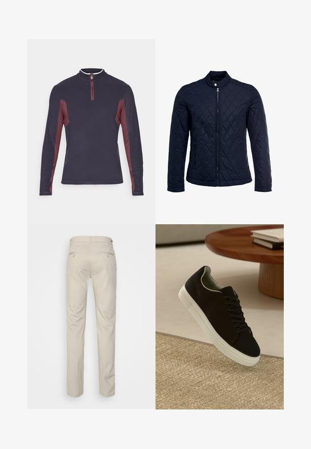 Casaco acolchoado azul-marinho com gola elevada, fecho de correr à frente e dois bolsos laterais. O material tem uma textura suave com padrões de diamante.; Pullover de manga longa azul marinho com painéis laterais em bordô e um colarinho com fecho de correr de um quarto, apresentando um pequeno puxador de zíper prateado.; Calças bege com uma textura suave, corte reto, dois bolsos traseiros com botões e uma cintura padrão.; Sneaker preto com sola branca flutuando acima de um tapete texturizado bege, perto de uma mesa redonda de madeira com livros empilhados.