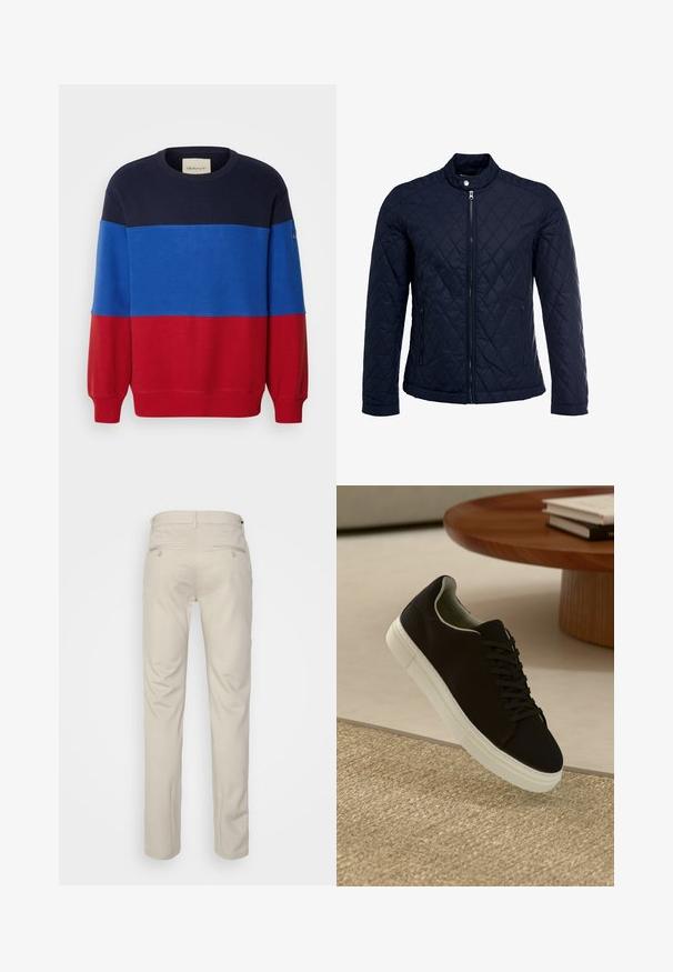 Marineblå quiltet jakke med stått krage, hel frontglidelås og to sidelommer. Materialet har en glatt tekstur med diamantmønster.; Fargeblokkert genser med marineblå, blå og røde seksjoner. Laget av bomull med ribbestrikket halslinning og mansjetter. GANT-merke på ermet.; Beige bukser med en glat tekstur, lige snit, to baglommer med knapper og en standard talje.; Svart sneakers med hvit såle som svever over en beige teksturert teppe nær et rundt trebord med stablede bøker.