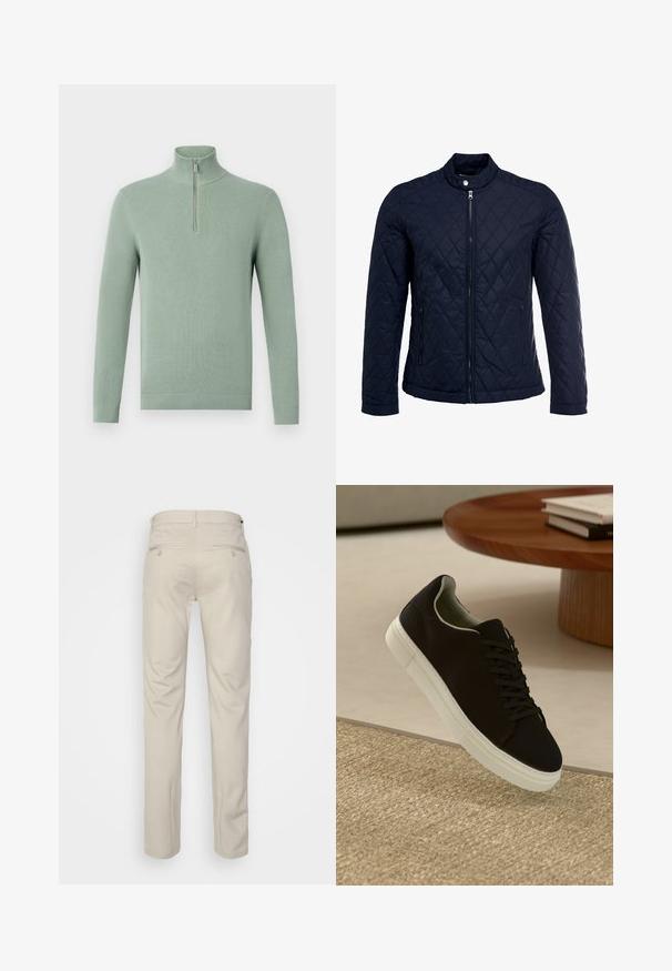Granatowa pikowana kurtka z stojącym kołnierzem, pełnym zamkiem błyskawicznym i dwoma bocznymi kieszeniami. Materiał ma gładką teksturę z diamentowym wzorem.; Jasnozielony sweter dzianinowy z wysokim kołnierzem i ćwierć zamkiem, z prążkowanymi mankietami i dołem, co nadaje mu teksturowany wygląd.; Beżowe spodnie o gładkiej fakturze, prostym kroju, z dwiema tylnymi kieszeniami z guzikami i standardowym pasem.; Czarny sneaker z białą podeszwą unoszący się nad beżowym, teksturowanym dywanem w pobliżu okrągłego drewnianego stołu z poukładanymi książkami.