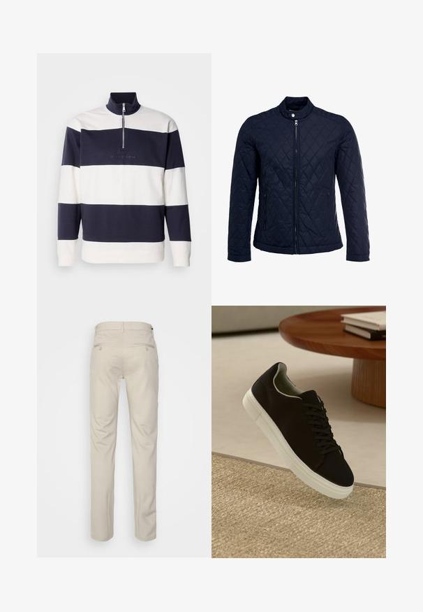 Merihenkinen tikattu takki, jossa on noususauma, täysin edessä vetoketju ja kaksi sivutaskua. Materiaali on sileäpintainen ja siinä on timanttikuvioita.; Navy ja valge triibuline pullover kõrge krae ja veerandi tõmblukuga. Pehme puuvillane materjal, esiosas broideeritud logo.; Beige housut, joissa on sileä pinta, suora leikkaus, kaksi nappikiinnitteistä takataskua ja normaali vyötärö.; Musta lenkkari, jossa on valkoinen pohja, kelluu vaaleanbeige texturoituneen maton yllä pyöreän puupöydän vieressä, jonka päällä on pinottu kirjoja.