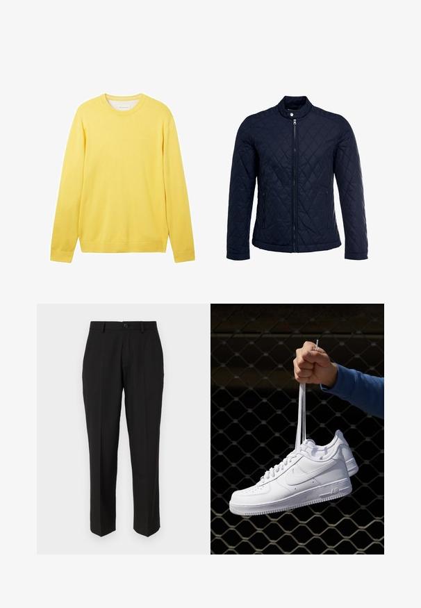 Jachetă matlasată de culoare bleumarin, cu guler în picioare, fermoar pe întreaga lungime și două buzunare laterale. Materialul are o textură netedă, cu modele în diamant.; Pulover galben cu mânecă lungă, fabricat dintr-un material neted și ușor. Are un gât rotund, manșete ribbate și un logo subtil pe față.; Pantaloni negri dintr-un material neted, cu un design drept, buzunare frontale, închidere cu un singur nasture și fără modele vizibile.; Adidași albaștri din piele cu perforații, vârf rotund, talpă plată și șireturi groase, cu un logo swoosh vizibil și cu inscripția "AIR" pe toc.