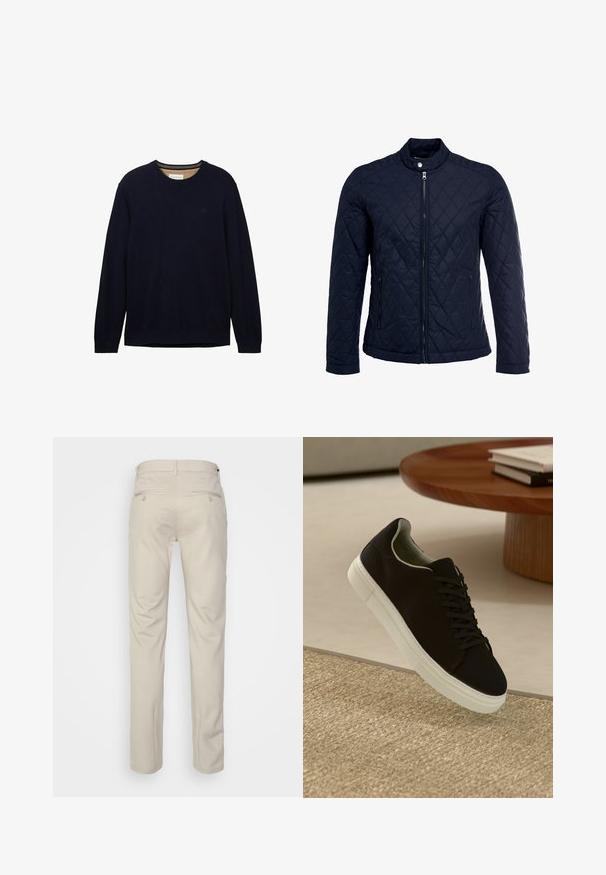 Chaqueta acolchada de color navy que cuenta con un cuello alzado, cierre frontal completo y dos bolsillos laterales. El material tiene una textura suave con patrones en forma de rombo.; Suéter azul marino hecho de material suave, con cuello redondo, mangas largas y un sutil logotipo en el pecho. Textura suave y corte relajado.; Pantalones beiges con una textura suave, corte recto, dos bolsillos traseros con botones y una cinturilla estándar.; Zapatilla negra con suela blanca flotando sobre una alfombra texturizada beige cerca de una mesa redonda de madera con libros apilados.