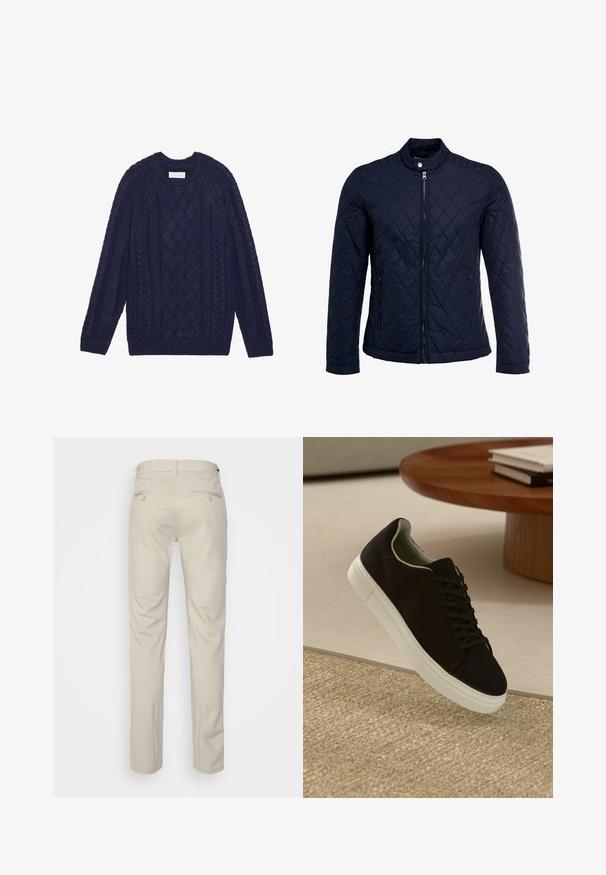 Jachetă matlasată de culoare bleumarin, cu guler în picioare, fermoar pe întreaga lungime și două buzunare laterale. Materialul are o textură netedă, cu modele în diamant.; Pulover tricotat de culoare albastru marin, cu modele de cablu, guler și manșete elastice. Realizat din fire texturate pentru un plus de căldură și confort.; Pantaloni bej cu o textură netedă, croială dreaptă, două buzunare laterale cu nasturi și un brâu standard.; Pantof din material textil negru, cu talpă albă, plutind deasupra unui covor texturat bej, lângă o masă rotundă din lemn cu cărți stivuite.