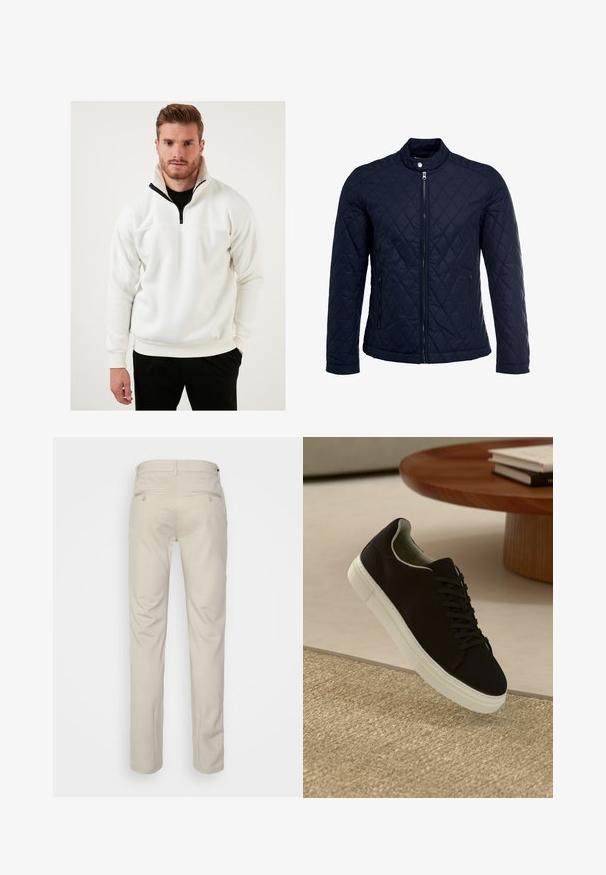Tengerész kék steppelt dzseki, állógallérral, teljes előlapi cipzárral és két oldalsó zsebbel. Az anyag sima textúrájú, gyémánt mintázattal.; Fehér pulóver puha anyagból, félig cipzáros nyakkal, fekete részletekkel. A dizájn bordázott mandzsettákkal és laza szabással rendelkezik.; Beige nadrág sima felülettel, egyenes szabással, két gombos hátsó zsebbel és normál derékrésszel.; Fekete sneakers fehér talppal lebeg egy bézs textúrájú szőnyeg felett, egy kerek fából készült asztal közelében, rajta egymásra pakolt könyvekkel.