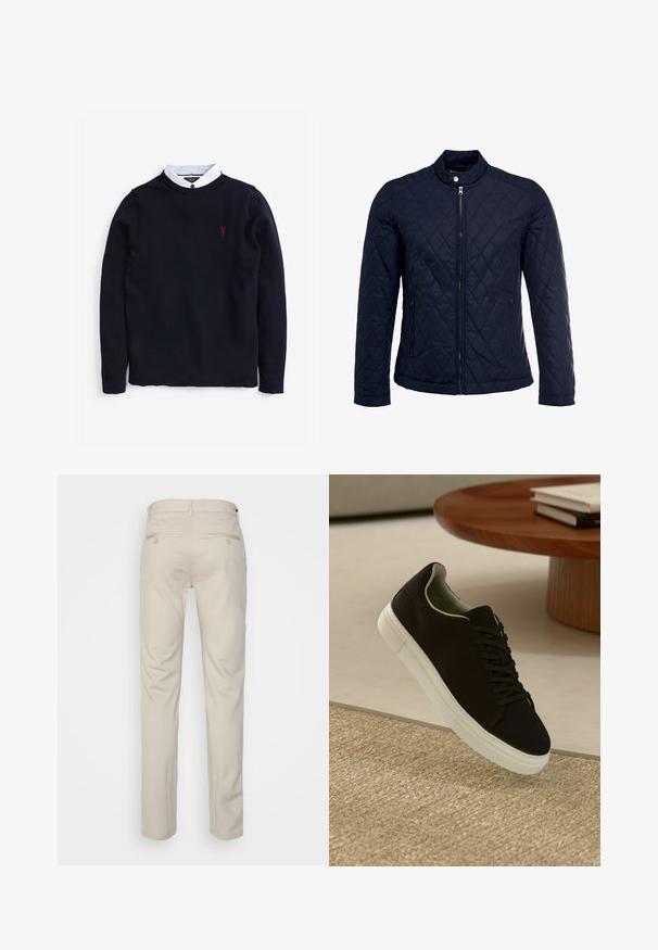 Tengerész kék steppelt dzseki, állógallérral, teljes előlapi cipzárral és két oldalsó zsebbel. Az anyag sima textúrájú, gyémánt mintázattal.; Tengerészkék pulóver texturált kötött mintával, alatta fehér galléros inggel, a mellkason pedig egy kis piros logó díszítéssel.; Beige nadrág sima felülettel, egyenes szabással, két gombos hátsó zsebbel és normál derékrésszel.; Fekete sneakers fehér talppal lebeg egy bézs textúrájú szőnyeg felett, egy kerek fából készült asztal közelében, rajta egymásra pakolt könyvekkel.