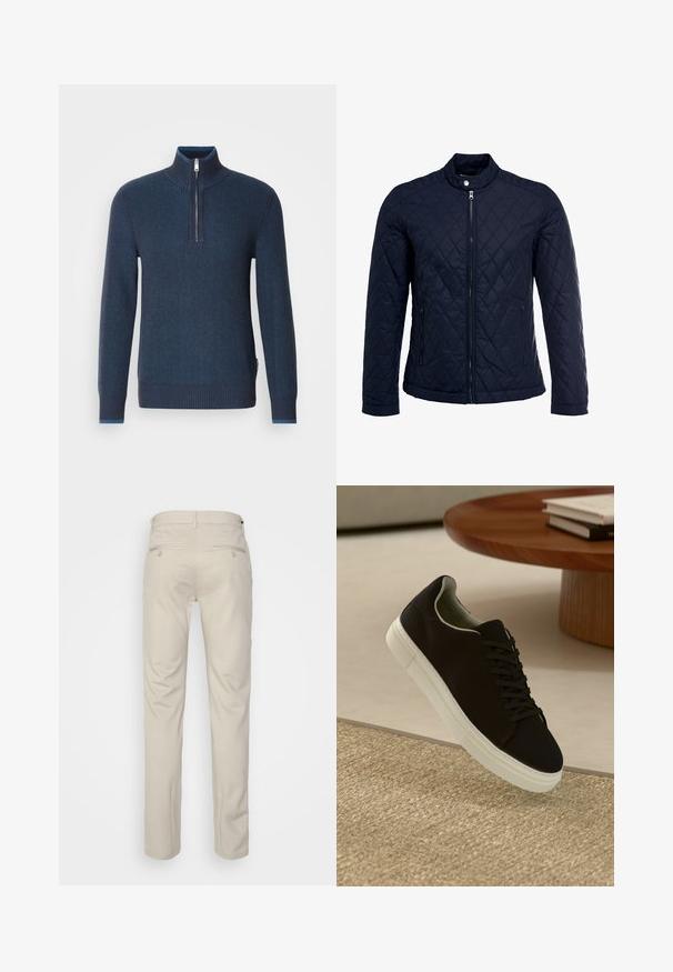 Navy quilted jacket featuring a stand-up collar, full front zip, and two side pockets. Material has a smooth texture with diamond patterns.; Navy blue zip-neck sweater. Ribbed texture, long sleeves, fitted cuffs, and a contrasting inner collar. Made from a soft, warm fabric.; Beige trousers with a smooth texture, straight cut, two back pockets with buttons, and a standard waistband.; Black sneaker with white sole floating above beige textured rug near round wooden table with stacked books.