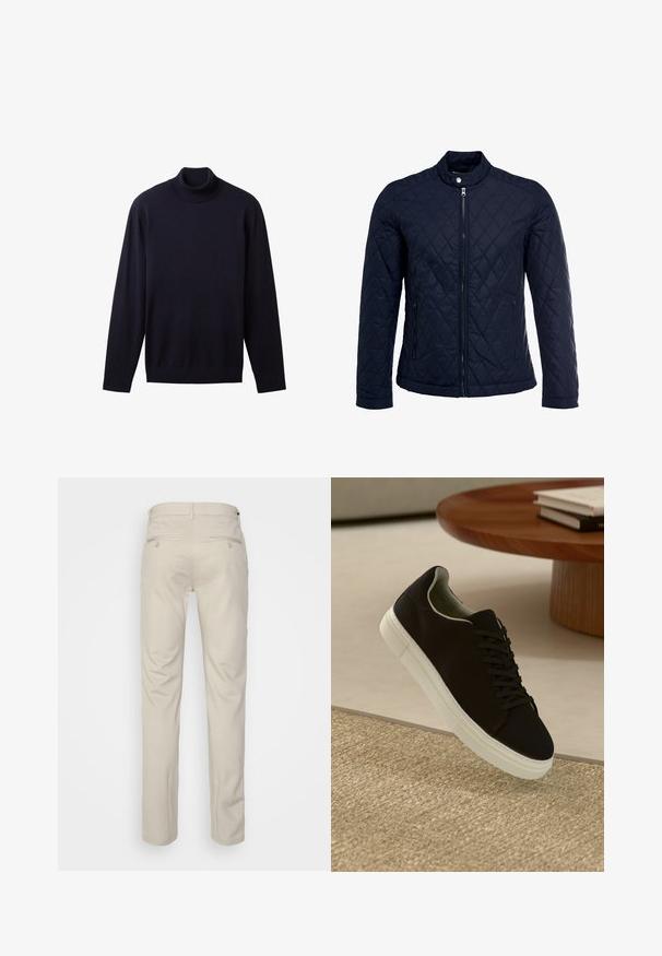 Námořnická prošívaná bunda s vysokým límcem, plným zipem a dvěma bočními kapsami. Materiál má hladkou texturu s diamantovým vzorem.; Námorně modrý rolák vyrobený z měkkého materiálu, s dlouhými rukávy a fitted designem s vysokým límcem. Celkově hladká textura.; Beige kalhoty se hladkým povrchem, rovný střih, dvě zadní kapsy s knoflíky a standardní pas.; Černé tenisky s bílou podrážkou plující nad béžovým texturovaným kobercem poblíž kulatého dřevěného stolu se stohovanými knihami.