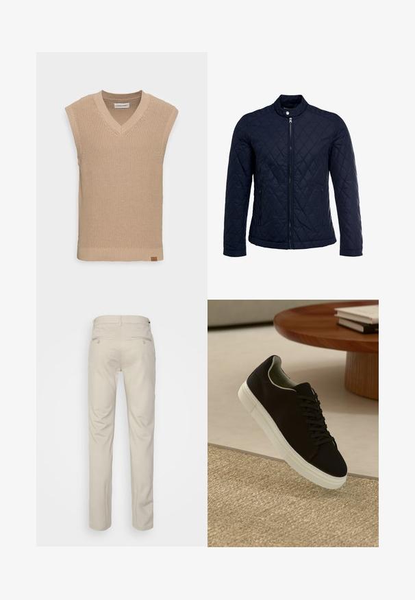 Marineblauwe gewatteerde jas met een staande kraag, volledige ritssluiting aan de voorkant en twee zijzakken. Materiaal heeft een gladde textuur met ruitpatronen.; Beige gebreide mouwloze sweatervest met een V-hals, ribbelstructuur en een klein leren logo-label aan de linksonderzijde.; Beige broek met een gladde textuur, rechte snit, twee achterzakken met knopen en een standaard tailleband.; Zwarte sneaker met witte zool die boven een beige gestructureerd tapijt zweeft, nabij een ronde houten tafel met gestapelde boeken.