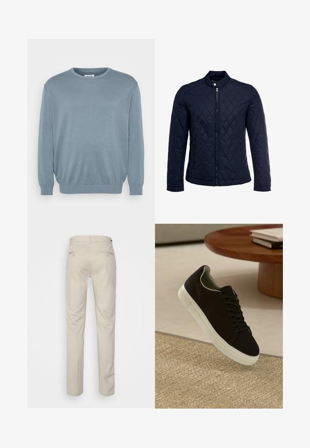 Marineblå quiltet jakke med stått krage, hel frontglidelås og to sidelommer. Materialet har en glatt tekstur med diamantmønster.; Lyseblå genser laget av strikket stoff, med rund halsringning og ribbestrikkede mansjetter og kant. Enkelt design med en myk tekstur.; Beige bukser med en glat tekstur, lige snit, to baglommer med knapper og en standard talje.; Svart sneakers med hvit såle som svever over en beige teksturert teppe nær et rundt trebord med stablede bøker.