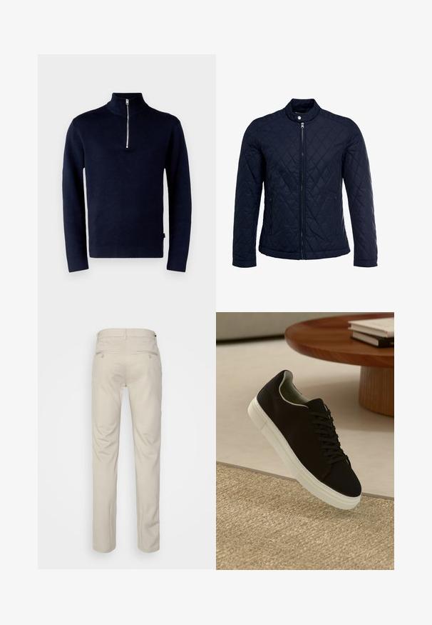 Marinefarbenes wattiertes Jackett mit Stehkragen, durchgehendem Reißverschluss und zwei seitlichen Taschen. Das Material hat eine glatte Textur mit Rautenmuster.; Jack & Jones PREMIUM JPRBLAMILANO HALF ZIP - Strickpullover - night sky; Beige Hosen mit glatter Textur, geradem Schnitt, zwei Gesäßtaschen mit Knöpfen und einem normalen Bund.; Schwarze Sneakers mit weißer Sohle, die über einem beige strukturierten Teppich schweben, in der Nähe eines runden Holztisches mit gestapelten Büchern.