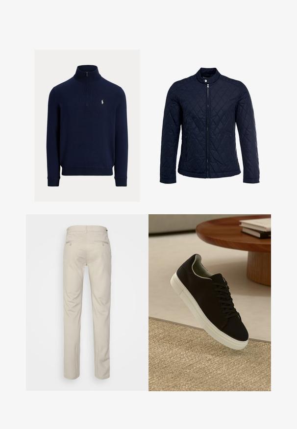 Casaco acolchoado azul-marinho com gola elevada, fecho de correr à frente e dois bolsos laterais. O material tem uma textura suave com padrões de diamante.; Sweatshirt azul-marinho de manga longa com fecho de zíper de um quarto, com gola, punhos e barra canelados, e pequeno logótipo bordado em branco de jogador de polo à esquerda do peito.; Calças bege com uma textura suave, corte reto, dois bolsos traseiros com botões e uma cintura padrão.; Sneaker preto com sola branca flutuando acima de um tapete texturizado bege, perto de uma mesa redonda de madeira com livros empilhados.