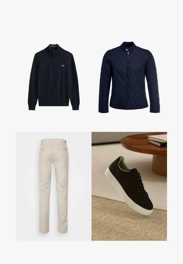 Mörkblå vadderad jacka med ståkrage, fullständig dragkedja framtill och två sidofickor. Tyget har en slät yta med diamantmönster.; Marinblå tröja med hög krage och halv dragkedja. Ribbstickade muddar och fåll. Har en liten vit logotyp på bröstet. Mjuk, stickad tyg.; Beige byxor med en slät textur, rak passform, två bakfickor med knappar och standard midja.; Svart sneakers med vit sula svävande över en beige texturerad matta nära ett runt träbord med staplade böcker.