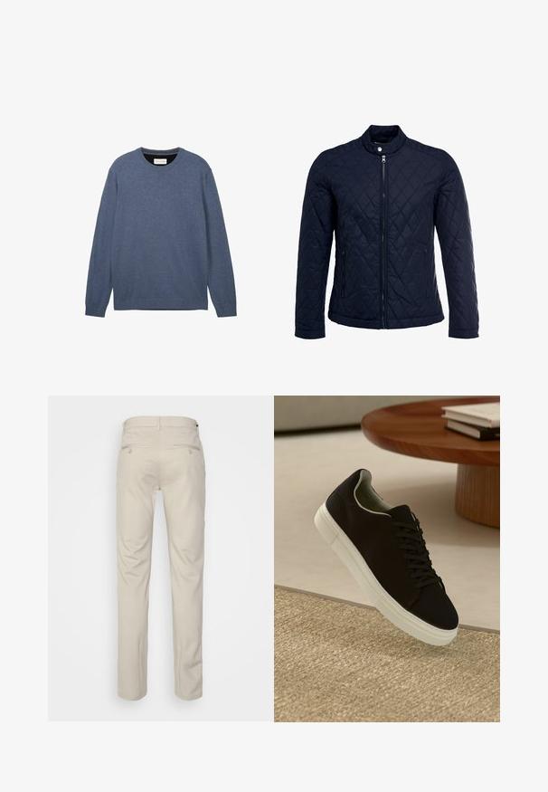 Tumesinine tikitud jakk, millel on püstine krae, täispikk tõmblukk ja kaks küljetaskut. Materjal on sileda tekstuuriga ja kaunistatud rombikujuliste mustritega.; Tumedast sinisest pehme kangast valmistatud lühihaaluga sviiter, millel on pikad varrukad ning soonikkoes mansetid ja alumine äär.; Bež püksid siledas tekstuuris, sirge lõikega, kahe nööpidega tagataskuga ja tavalise vöökohaga.; Mustad musta tossuga valge tallaga, mis hõljub beeži tekstuuriga vaiba kohal, ümaral puidust laual, mille peal on kokku virnastatud raamatud.