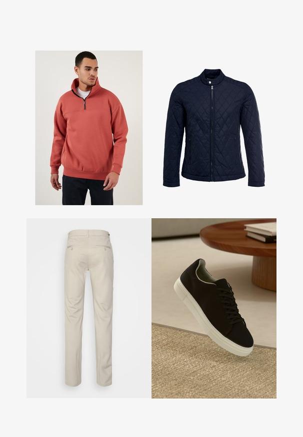 Marineblauwe gewatteerde jas met een staande kraag, volledige ritssluiting aan de voorkant en twee zijzakken. Materiaal heeft een gladde textuur met ruitpatronen.; Fleece pullover in coraal met een kwart-rits kraag. Heeft een horizontale naad over de borst en ribbronzen manchet. Zachte textuur.; Beige broek met een gladde textuur, rechte snit, twee achterzakken met knopen en een standaard tailleband.; Zwarte sneaker met witte zool die boven een beige gestructureerd tapijt zweeft, nabij een ronde houten tafel met gestapelde boeken.