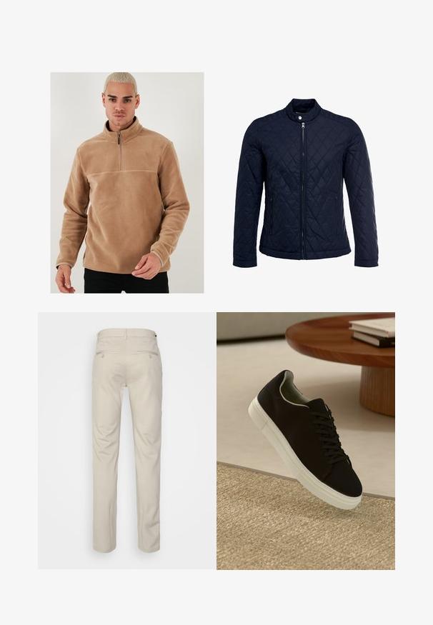 Mornarsko podloženo jakno z dvignjenim ovratnikom, polnim zadrgo in dvema stranskima žepoma. Material ima gladko teksturo s diamantnimi vzorci.; Tanj pulover iz flisa s polovičnim zadrgo in dolgimi rokavi. Ima gladko teksturo in enotno barvo brez vzorcev ali okrasitev.; Bež hlače z gladko teksturo, ravnega kroja, dvema zadnjima žepoma z gumbi in standardnim pasom.; Črni športni copat z belim podplatom lebdi nad bež teksturiranim preprogam blizu okroglega lesenega mize z zloženimi knjigami.