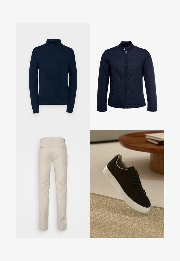 Tengerész kék steppelt dzseki, állógallérral, teljes előlapi cipzárral és két oldalsó zsebbel. Az anyag sima textúrájú, gyémánt mintázattal.; Sötétkék garbós pulóver, texturált mintával, hosszú ujjal, bordázott nyakkal és mandzsettákkal, könnyű kötött anyagból készült.; Beige nadrág sima felülettel, egyenes szabással, két gombos hátsó zsebbel és normál derékrésszel.; Fekete sneakers fehér talppal lebeg egy bézs textúrájú szőnyeg felett, egy kerek fából készült asztal közelében, rajta egymásra pakolt könyvekkel.