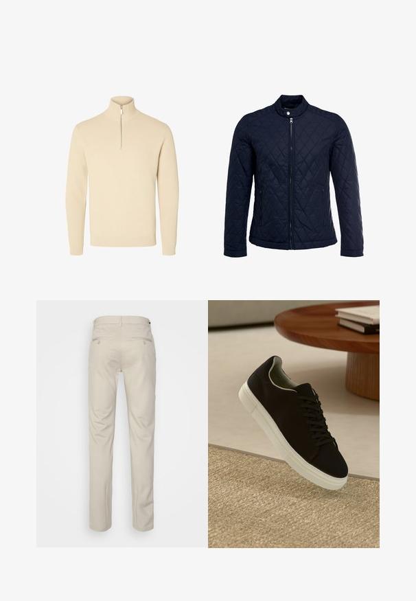 Mörkblå vadderad jacka med ståkrage, fullständig dragkedja framtill och två sidofickor. Tyget har en slät yta med diamantmönster.; Beige, ribbat stickad tröja med hög krage och halv lång dragkedja. Har långa ärmar och en åtsittande fåll.; Beige byxor med en slät textur, rak passform, två bakfickor med knappar och standard midja.; Svart sneakers med vit sula svävande över en beige texturerad matta nära ett runt träbord med staplade böcker.