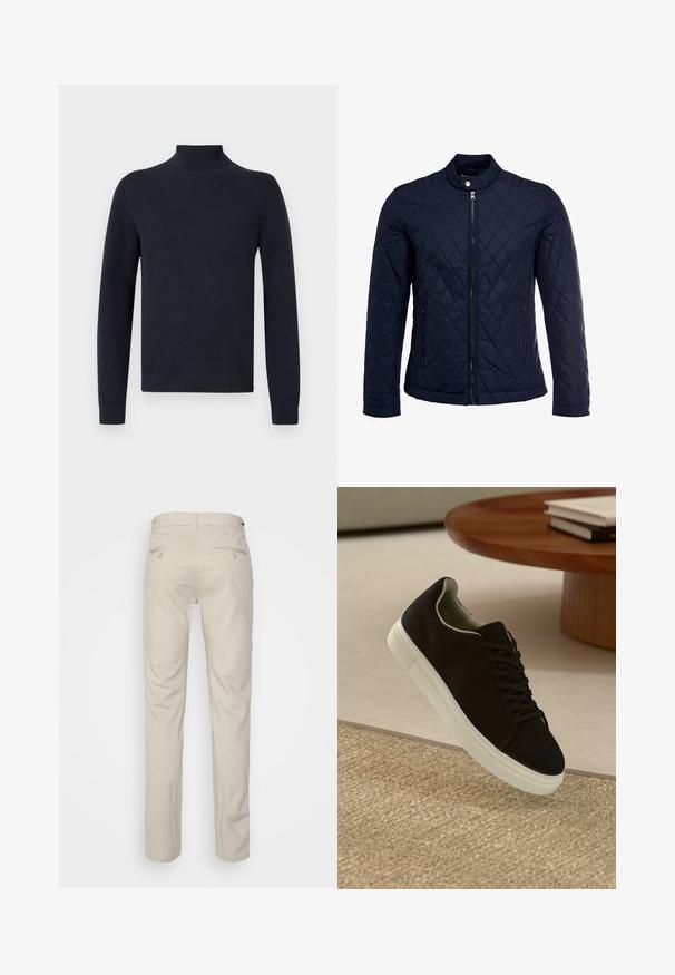 Tamsiai mėlynas užsegamas dubliažinis švarkas su stovinčiu apykakliu, visiškai užtraukiamas priekyje, ir dviem šoninėmis kišenėmis. Medžiaga turi lygią tekstūrą su deimantiniais raštais.; Tamsiai mėlynas golfo megztinis, pagamintas iš smulkios struktūros medžiagos, su ilgomis rankovėmis ir prigludusiomis apykaklėmis, turintis švarų, paprastą dizainą.; Bežinės kelnės su lygia tekstūra, tiesiu pjūviu, dviem užpakalinėmis kišenėmis su sagomis ir standartine juosmena.; Juodas sportinis batelis su baltu padu, lekiančius virš smėlio spalvos tekstūruoto kilimo šalia apvalaus medinio stalo su sukrautomis knygomis.