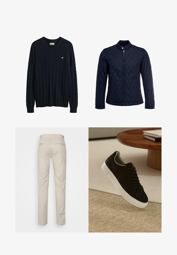 Tengerész kék steppelt dzseki, állógallérral, teljes előlapi cipzárral és két oldalsó zsebbel. Az anyag sima textúrájú, gyémánt mintázattal.; Tengerészkék kötött pulóver bordázott nyakkal és szegéllyel, kis logóval a mellrészen. Texturált, puha anyagból készült.; Beige nadrág sima felülettel, egyenes szabással, két gombos hátsó zsebbel és normál derékrésszel.; Fekete sneakers fehér talppal lebeg egy bézs textúrájú szőnyeg felett, egy kerek fából készült asztal közelében, rajta egymásra pakolt könyvekkel.