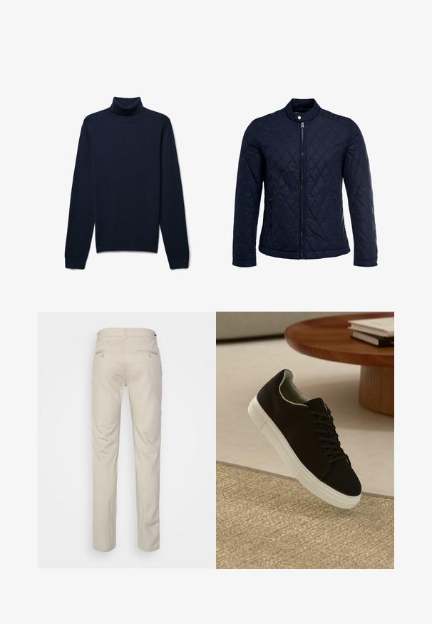 Marinefarbenes wattiertes Jackett mit Stehkragen, durchgehendem Reißverschluss und zwei seitlichen Taschen. Das Material hat eine glatte Textur mit Rautenmuster.; Marineblauer Rollkragenpullover aus glattem Material, mit einem taillierten Kragen, langen Ärmeln sowie gerippten Bündchen und Saum.; Beige Hosen mit glatter Textur, geradem Schnitt, zwei Gesäßtaschen mit Knöpfen und einem normalen Bund.; Schwarze Sneakers mit weißer Sohle, die über einem beige strukturierten Teppich schweben, in der Nähe eines runden Holztisches mit gestapelten Büchern.