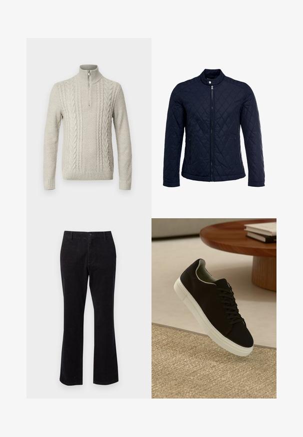 Marinefarbenes wattiertes Jackett mit Stehkragen, durchgehendem Reißverschluss und zwei seitlichen Taschen. Das Material hat eine glatte Textur mit Rautenmuster.; Hellgrauer, gestrickter Pullover mit hohem Kragen und halbem Reißverschluss. Besitzt strukturierte Muster mit Zopfmuster-Details und gerippten Bündchen.; Schwarze Cordhosen mit ausgestellt geschnittenem Bein, ausgestattet mit einem Frontknopfverschluss und praktischen Taschen. Glatte Textur mit vertikalen Rippungen.; Schwarze Sneakers mit weißer Sohle, die über einem beige strukturierten Teppich schweben, in der Nähe eines runden Holztisches mit gestapelten Büchern.