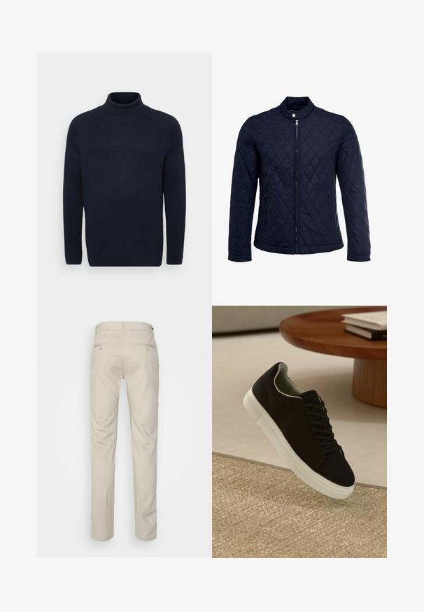 Tengerész kék steppelt dzseki, állógallérral, teljes előlapi cipzárral és két oldalsó zsebbel. Az anyag sima textúrájú, gyémánt mintázattal.; Jack & Jones JJPANNEL ROLL NECK - Pulóver - navy; Beige nadrág sima felülettel, egyenes szabással, két gombos hátsó zsebbel és normál derékrésszel.; Fekete sneakers fehér talppal lebeg egy bézs textúrájú szőnyeg felett, egy kerek fából készült asztal közelében, rajta egymásra pakolt könyvekkel.