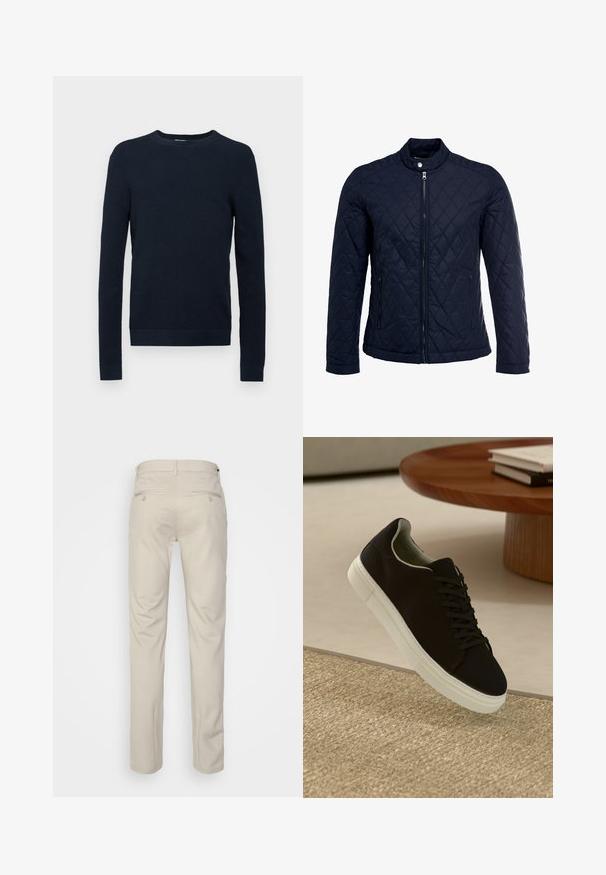 Mornarsko podloženo jakno z dvignjenim ovratnikom, polnim zadrgo in dvema stranskima žepoma. Material ima gladko teksturo s diamantnimi vzorci.; Temno modra dolga majica s teksturiranim pletenjem, rebrastimi manšetami in robom, z ovratnikom v obliki posadke. Brez vidnih logotipov ali dodatkov.; Bež hlače z gladko teksturo, ravnega kroja, dvema zadnjima žepoma z gumbi in standardnim pasom.; Črni športni copat z belim podplatom lebdi nad bež teksturiranim preprogam blizu okroglega lesenega mize z zloženimi knjigami.