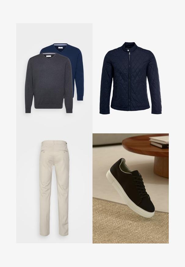 Granatowa pikowana kurtka z stojącym kołnierzem, pełnym zamkiem błyskawicznym i dwoma bocznymi kieszeniami. Materiał ma gładką teksturę z diamentowym wzorem.; Dwa swetry w serek w ciemnoszarym i granatowym kolorze, wykonane z miękkiego materiału, z ribbowanymi mankietami i paskowanym wykończeniem wewnątrz dekoltu.; Beżowe spodnie o gładkiej fakturze, prostym kroju, z dwiema tylnymi kieszeniami z guzikami i standardowym pasem.; Czarny sneaker z białą podeszwą unoszący się nad beżowym, teksturowanym dywanem w pobliżu okrągłego drewnianego stołu z poukładanymi książkami.