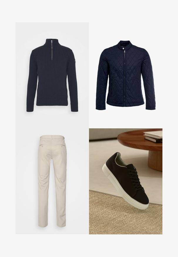 Marinefarbenes wattiertes Jackett mit Stehkragen, durchgehendem Reißverschluss und zwei seitlichen Taschen. Das Material hat eine glatte Textur mit Rautenmuster.; Schott PLECORAGE - Strickpullover - navy; Beige Hosen mit glatter Textur, geradem Schnitt, zwei Gesäßtaschen mit Knöpfen und einem normalen Bund.; Schwarze Sneakers mit weißer Sohle, die über einem beige strukturierten Teppich schweben, in der Nähe eines runden Holztisches mit gestapelten Büchern.