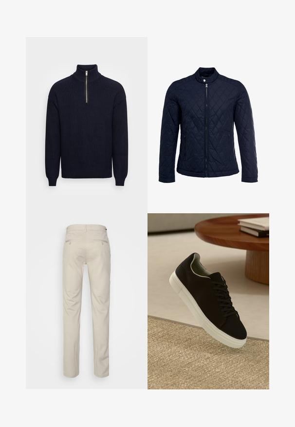Chaqueta acolchada de color navy que cuenta con un cuello alzado, cierre frontal completo y dos bolsillos laterales. El material tiene una textura suave con patrones en forma de rombo.; Suéter de punto azul marino con cuello alto y cierre de media cremallera. Presenta una textura acanalada y un ajuste relajado en el bajo y los puños.; Pantalones beiges con una textura suave, corte recto, dos bolsillos traseros con botones y una cinturilla estándar.; Zapatilla negra con suela blanca flotando sobre una alfombra texturizada beige cerca de una mesa redonda de madera con libros apilados.