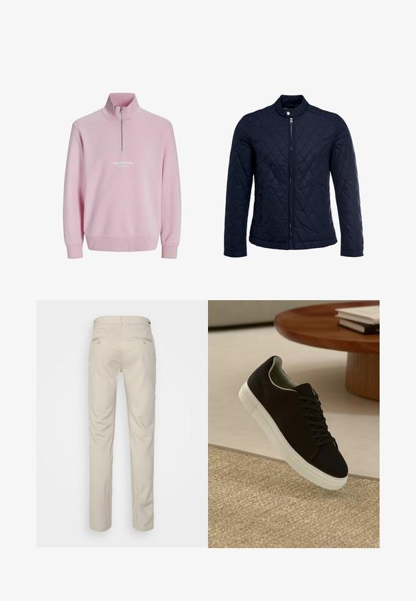 Marineblauwe gewatteerde jas met een staande kraag, volledige ritssluiting aan de voorkant en twee zijzakken. Materiaal heeft een gladde textuur met ruitpatronen.; Roze pullover sweatshirt met een kwart-rits kraag, geribbelde manchetten en een witte logo tekst op de borst. Zachte stof, ontspannen pasvorm.; Beige broek met een gladde textuur, rechte snit, twee achterzakken met knopen en een standaard tailleband.; Zwarte sneaker met witte zool die boven een beige gestructureerd tapijt zweeft, nabij een ronde houten tafel met gestapelde boeken.