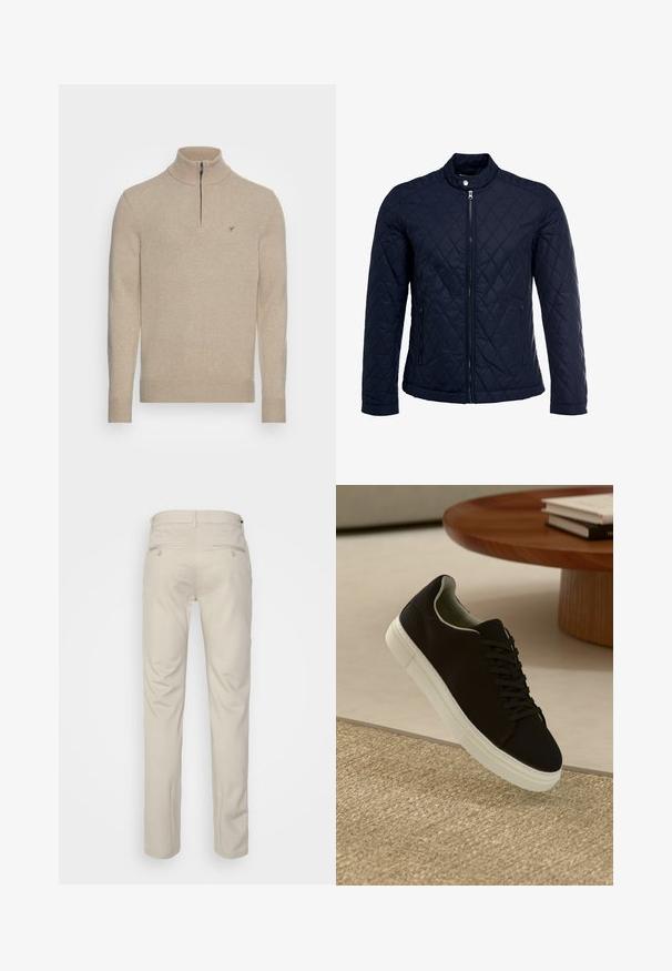 Marinefarbenes wattiertes Jackett mit Stehkragen, durchgehendem Reißverschluss und zwei seitlichen Taschen. Das Material hat eine glatte Textur mit Rautenmuster.; Beige Strickpullover mit hohem Kragen und halbem Reißverschluss. Verfügt über gerippte Bündchen und Saum, mit einem aufgestickten Logo auf der Brust.; Beige Hosen mit glatter Textur, geradem Schnitt, zwei Gesäßtaschen mit Knöpfen und einem normalen Bund.; Schwarze Sneakers mit weißer Sohle, die über einem beige strukturierten Teppich schweben, in der Nähe eines runden Holztisches mit gestapelten Büchern.