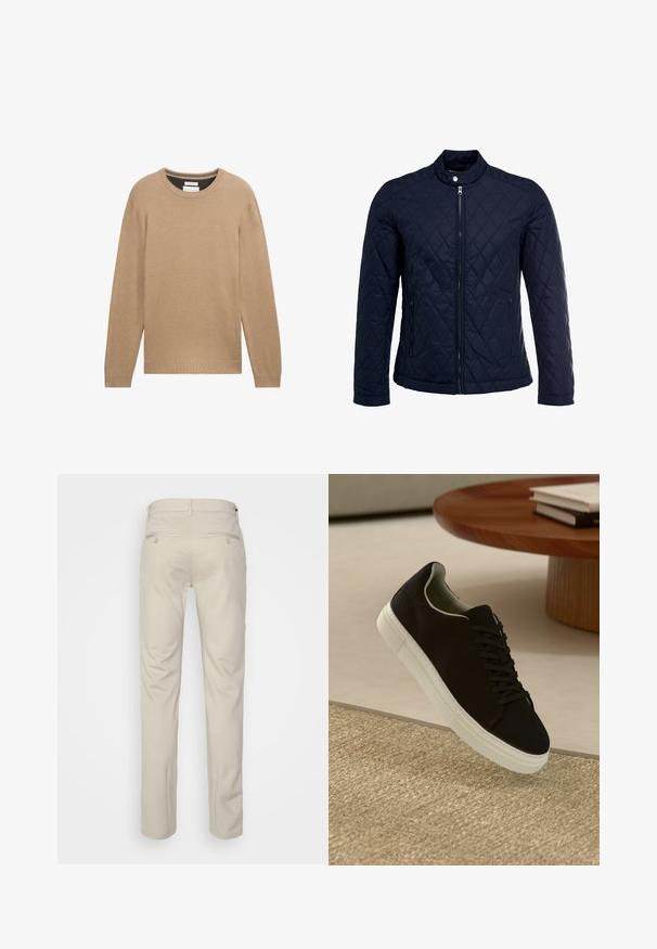 Tamsiai mėlynas užsegamas dubliažinis švarkas su stovinčiu apykakliu, visiškai užtraukiamas priekyje, ir dviem šoninėmis kišenėmis. Medžiaga turi lygią tekstūrą su deimantiniais raštais.; Bežinė mezgininė megztinė su apvalia iškirpte, ilgomis rankovėmis ir raukšlėtomis rankogaliais bei apatine dalimi. Ant krūtinės yra mažas logotipas.; Bežinės kelnės su lygia tekstūra, tiesiu pjūviu, dviem užpakalinėmis kišenėmis su sagomis ir standartine juosmena.; Juodas sportinis batelis su baltu padu, lekiančius virš smėlio spalvos tekstūruoto kilimo šalia apvalaus medinio stalo su sukrautomis knygomis.