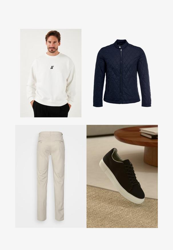 Marinefarbenes wattiertes Jackett mit Stehkragen, durchgehendem Reißverschluss und zwei seitlichen Taschen. Das Material hat eine glatte Textur mit Rautenmuster.; Weißes Sweatshirt mit einem kleinen schwarzen Logo auf der Brust, Rundhalsausschnitt und lässiger Passform, aus weichem Stoff gefertigt.; Beige Hosen mit glatter Textur, geradem Schnitt, zwei Gesäßtaschen mit Knöpfen und einem normalen Bund.; Schwarze Sneakers mit weißer Sohle, die über einem beige strukturierten Teppich schweben, in der Nähe eines runden Holztisches mit gestapelten Büchern.