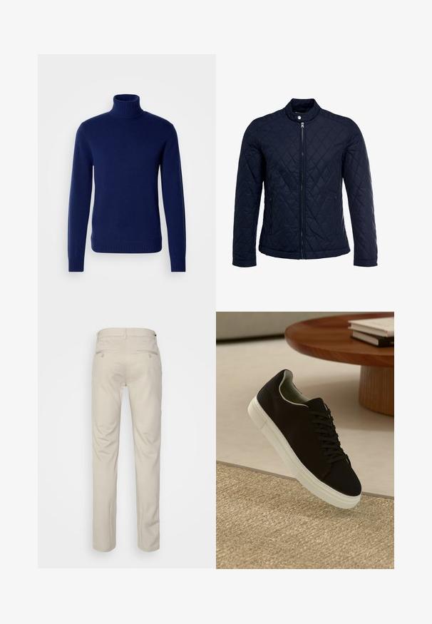 Marineblauwe gewatteerde jas met een staande kraag, volledige ritssluiting aan de voorkant en twee zijzakken. Materiaal heeft een gladde textuur met ruitpatronen.; Marineblauwe coltrui gemaakt van zacht breimateriaal. Heeft een geribde kraag, boorden en zoom. Eenvoudig, aansluitend ontwerp zonder zichtbare patronen.; Beige broek met een gladde textuur, rechte snit, twee achterzakken met knopen en een standaard tailleband.; Zwarte sneaker met witte zool die boven een beige gestructureerd tapijt zweeft, nabij een ronde houten tafel met gestapelde boeken.