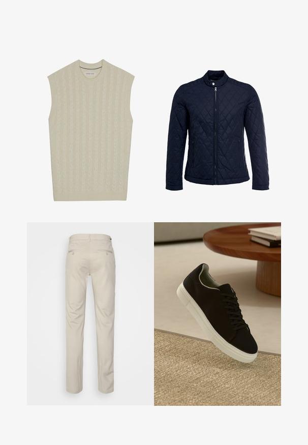 Veste matelassée bleu marine avec col montant, fermeture éclair sur le devant et deux poches latérales. Le matériau a une texture lisse avec des motifs en losange.; Pull en tricot sans manches beige avec motif en câble. Dispose d'un col rond côtelé et d'un ourlet. Texture douce et design léger.; Pantalon beige avec une texture lisse, coupe droite, deux poches arrière avec boutons, et une taille standard.; Baskets noires avec semelle blanche flottant au-dessus d'un tapis texturé beige, près d'une table en bois ronde avec des livres empilés.