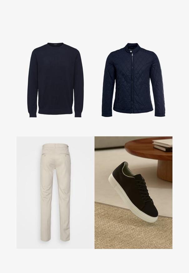 Marineblå quiltet jakke med stått krage, hel frontglidelås og to sidelommer. Materialet har en glatt tekstur med diamantmønster.; Mørkeblå genser med lange ermer og rund hals, laget av mykt stoff. Har ribbestrikkede mansjetter og nederkant for en tettsittende look.; Beige bukser med en glat tekstur, lige snit, to baglommer med knapper og en standard talje.; Svart sneakers med hvit såle som svever over en beige teksturert teppe nær et rundt trebord med stablede bøker.