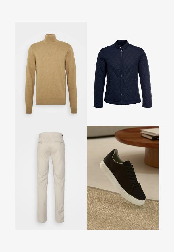 Marineblauwe gewatteerde jas met een staande kraag, volledige ritssluiting aan de voorkant en twee zijzakken. Materiaal heeft een gladde textuur met ruitpatronen.; Beige coltrui gemaakt van zachte gebreide stof. Kenmerken zijn lange mouwen en een aansluitend ontwerp. Geribbelde zoom en kraagaccenten.; Beige broek met een gladde textuur, rechte snit, twee achterzakken met knopen en een standaard tailleband.; Zwarte sneaker met witte zool die boven een beige gestructureerd tapijt zweeft, nabij een ronde houten tafel met gestapelde boeken.