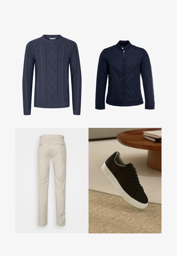 Giacca trapuntata blu navy con colletto alto, zip frontale completa e due tasche laterali. Il materiale ha una texture liscia con motivi a rombi.; Maglione lavorato a maglia blu navy con motivi a treccia testurizzati, scollo rotondo e polsini e orlo a costine. Realizzato in tessuto morbido e resistente.; Pantaloni beige con una texture liscia, taglio dritto, due tasche posteriori con bottoni e vita standard.; Sneaker nero con suola bianca che flotta sopra un tappeto beige testurizzato vicino a un tavolo rotondo in legno con libri impilati.