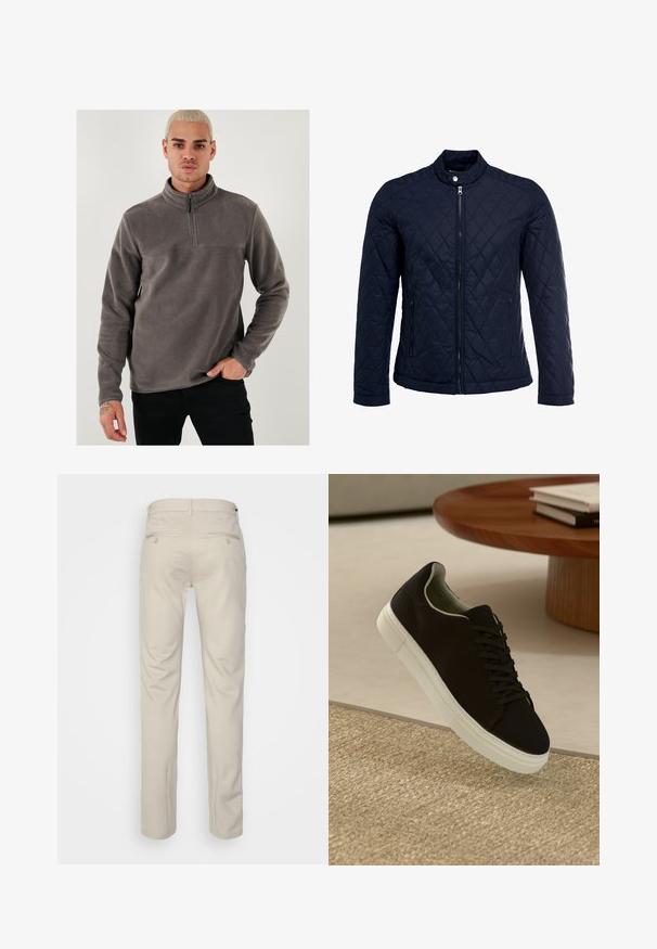 Marinefarbenes wattiertes Jackett mit Stehkragen, durchgehendem Reißverschluss und zwei seitlichen Taschen. Das Material hat eine glatte Textur mit Rautenmuster.; Grauer Fleece-Pullover mit einem Viertelreißverschluss-Kragen, langen Ärmeln und einer glatten Textur. Mit einer einfachen Naht über der Brust akzentuiert.; Beige Hosen mit glatter Textur, geradem Schnitt, zwei Gesäßtaschen mit Knöpfen und einem normalen Bund.; Schwarze Sneakers mit weißer Sohle, die über einem beige strukturierten Teppich schweben, in der Nähe eines runden Holztisches mit gestapelten Büchern.