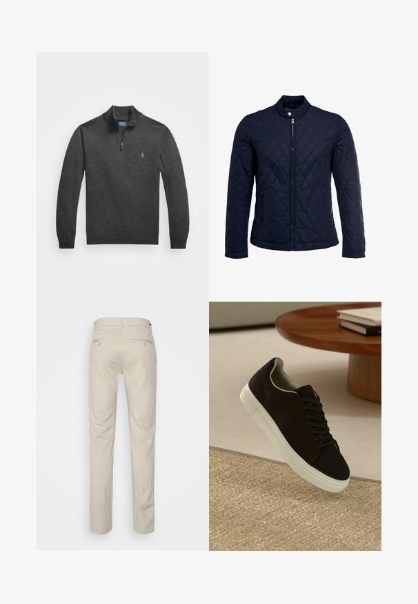 Tamsiai mėlynas užsegamas dubliažinis švarkas su stovinčiu apykakliu, visiškai užtraukiamas priekyje, ir dviem šoninėmis kišenėmis. Medžiaga turi lygią tekstūrą su deimantiniais raštais.; Tamsiai pilka užtrauktuku zip-up megztinis, pagamintas iš mezginio. Turi aukštą apykaklę ir mažą siuvinėtą logotipą ant krūtinės. Lygus paviršius.; Bežinės kelnės su lygia tekstūra, tiesiu pjūviu, dviem užpakalinėmis kišenėmis su sagomis ir standartine juosmena.; Juodas sportinis batelis su baltu padu, lekiančius virš smėlio spalvos tekstūruoto kilimo šalia apvalaus medinio stalo su sukrautomis knygomis.