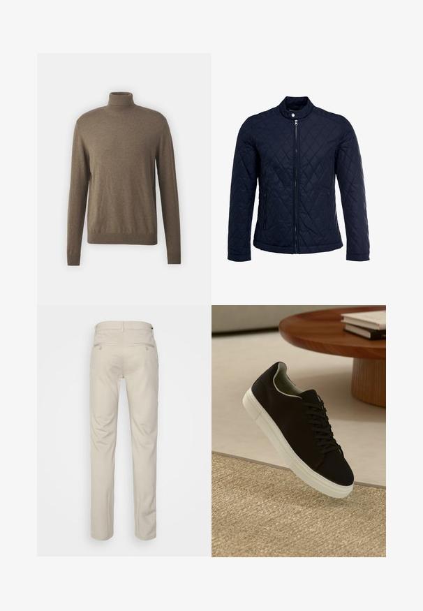 Casaco acolchoado azul-marinho com gola elevada, fecho de correr à frente e dois bolsos laterais. O material tem uma textura suave com padrões de diamante.; Pulôver castanho de gola alta feito de material macio, com mangas longas, pescoço e bainha canelados, apresentando uma textura lisa e uniforme.; Calças bege com uma textura suave, corte reto, dois bolsos traseiros com botões e uma cintura padrão.; Sneaker preto com sola branca flutuando acima de um tapete texturizado bege, perto de uma mesa redonda de madeira com livros empilhados.
