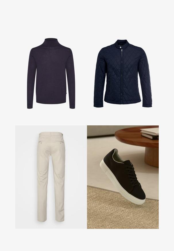Mörkblå vadderad jacka med ståkrage, fullständig dragkedja framtill och två sidofickor. Tyget har en slät yta med diamantmönster.; Mörkblå polotröja i lätt, fint stickad material. Har långa ärmar och ett högt krage. Slät textur, enkel design.; Beige byxor med en slät textur, rak passform, två bakfickor med knappar och standard midja.; Svart sneakers med vit sula svävande över en beige texturerad matta nära ett runt träbord med staplade böcker.