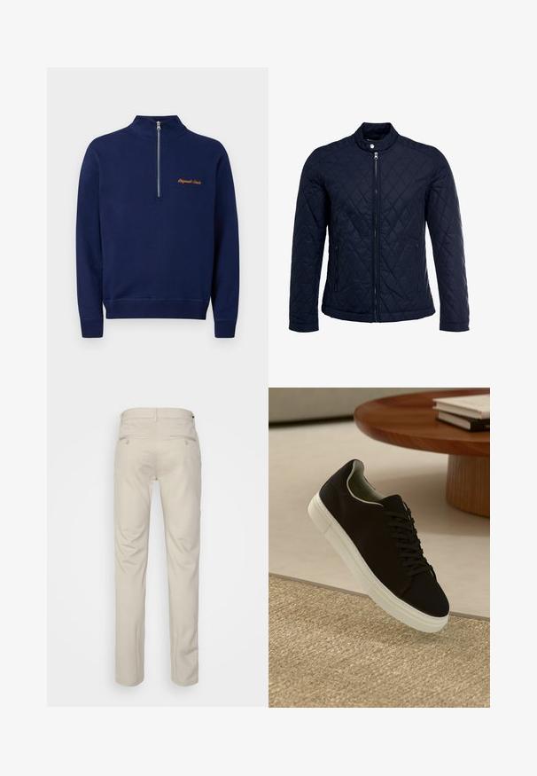 Chaqueta acolchada de color navy que cuenta con un cuello alzado, cierre frontal completo y dos bolsillos laterales. El material tiene una textura suave con patrones en forma de rombo.; Sudadera de color azul marino con un cuello de media cremallera y "Originals Studio" bordado en naranja en el pecho.; Pantalones beiges con una textura suave, corte recto, dos bolsillos traseros con botones y una cinturilla estándar.; Zapatilla negra con suela blanca flotando sobre una alfombra texturizada beige cerca de una mesa redonda de madera con libros apilados.