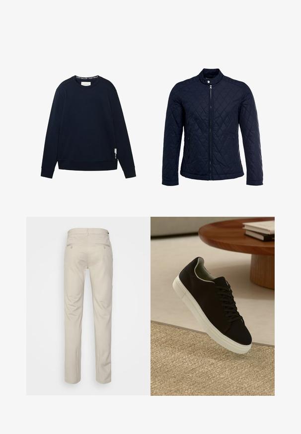 Granatowa pikowana kurtka z stojącym kołnierzem, pełnym zamkiem błyskawicznym i dwoma bocznymi kieszeniami. Materiał ma gładką teksturę z diamentowym wzorem.; Granatowa bluza z długim rękawem, okrągłym dekoltem, prążkowaną teksturą i metką z logo na dole. Prosty krój i komfortowe dopasowanie.; Beżowe spodnie o gładkiej fakturze, prostym kroju, z dwiema tylnymi kieszeniami z guzikami i standardowym pasem.; Czarny sneaker z białą podeszwą unoszący się nad beżowym, teksturowanym dywanem w pobliżu okrągłego drewnianego stołu z poukładanymi książkami.