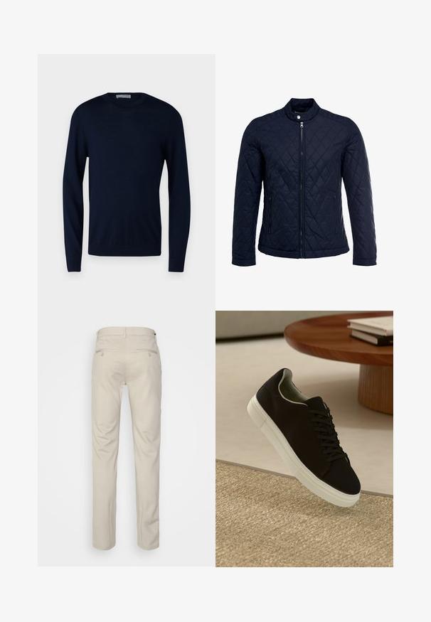 Mornarsko podloženo jakno z dvignjenim ovratnikom, polnim zadrgo in dvema stranskima žepoma. Material ima gladko teksturo s diamantnimi vzorci.; Mornarska pulover s poskočnim ovratnikom, dolge rokave, pletena tkanina, gladka tekstura, prilegan na pasu in manšetah, brez vidnih vzorcev ali dodatkov.; Bež hlače z gladko teksturo, ravnega kroja, dvema zadnjima žepoma z gumbi in standardnim pasom.; Črni športni copat z belim podplatom lebdi nad bež teksturiranim preprogam blizu okroglega lesenega mize z zloženimi knjigami.